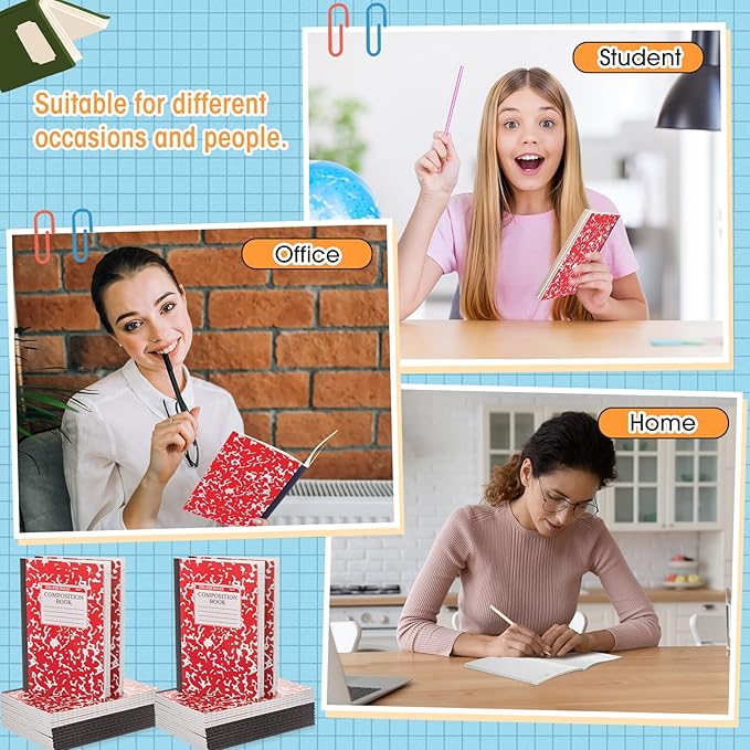 Fainne 100 Pack A5 Composition Notebooks Bulk College Ruled Composition Notebooks Marble Covers Notebook for Student Classroom Office Supplies 30 Sheet/60 Page(Red)