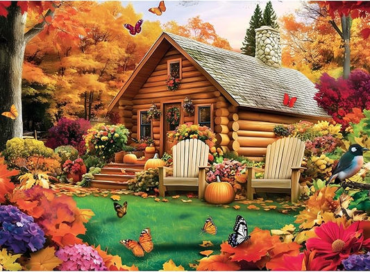 300 Pieces Puzzle for Adults, House and Forest Jigsaw Puzzle 300 Pieces, Butterfly, Fallen Leaves and Pumpkins Puzzle for Kids Seniors, Challenging Home Decor Holiday Party Gift Toy 20.5 * 15 in