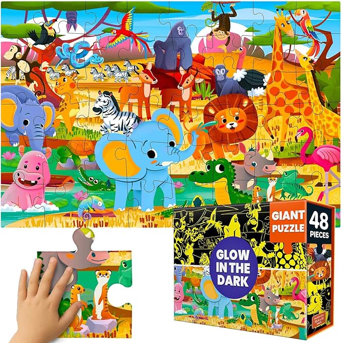 QUOKKA Floor Puzzles for Kids Ages 4–8 – 2x3 FT Giant Glow in The Dark Jigsaw – 48 Large Pieces – African Animal Safari Scene – Montessori Toy with Gift Box – Fun Learning Activity