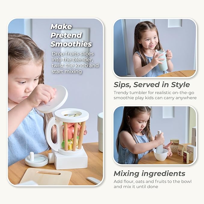 Teamson Kids Little Chef Santa Barbara Wooden Healthy Dessert Set - 27 Pieces Pretend Toy Food Accessories Plus Oven & Blender, Educational Role-Play for Kids Ages 3+, White