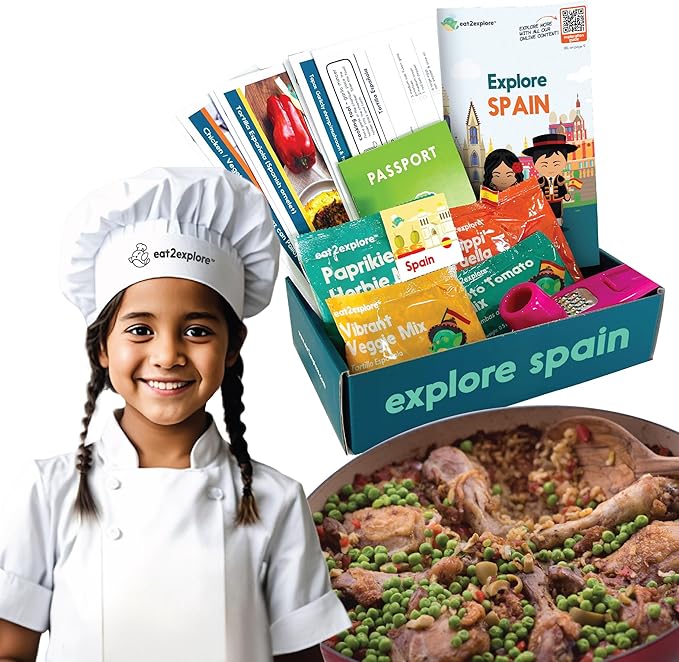 eat2explore Cooking Kits for Kids - Interactive & Educational Set with 3 Recipe Cards, Key Ingredients & Cooking Tools - Ideal Idea for Kids who Love to Create Meals (Spain Edition)