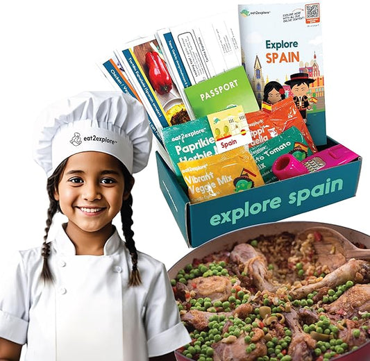 eat2explore Cooking Kits for Kids - Interactive & Educational Set with 3 Recipe Cards, Key Ingredients & Cooking Tools - Ideal Idea for Kids who Love to Create Meals (Spain Edition)