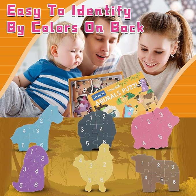 FLYINGSEEDS 6 Packs Farm Animals Shaped Wooden Jigsaw Puzzles with Pattern Blocks for Beginner, Toddler Puzzles Ages 1-3, Montessori Learning Toys Preschool Educational Activity for Kids Ages 2-5