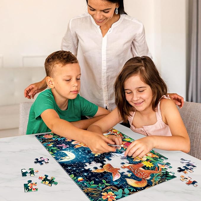 Puzzles for Kids Ages 4-8 - Cute Deer Party in Forest Night - 100 Piece Jigsaw Puzzles for Kids Ages 4-6 6-8 8-10 Year Old Children Puzzles for Boys and Girls Educational Learning Toys and Gifts