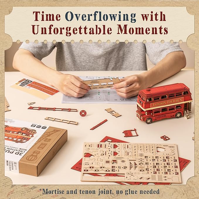 rowood 3D Puzzles for Adults,DIY Bus Toy Wooden Model Kit Building Set,Birthday/Christmas Gift for Adults-London Bus