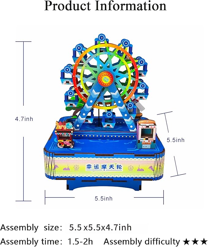 3D Wooden Puzzles Ferris Wheel DIY Rotating Music Box Kit 3D Wooden Jigsaw Puzzle Adult Teen Birthday Gifts and Toys for Kids（Lucky Ferris Wheel Music Box）