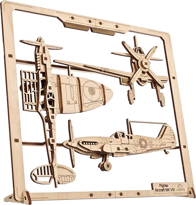 UGEARS 2.5D Framed Fighter Aircraft - Classic Aircraft Wood Model Kit with Movable Aileron, Propeller, Wheel & Canopy - Airplane Wooden Puzzle Model Kits - Home and Office Decor
