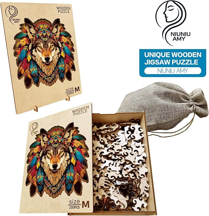 Wooden Puzzle for Adults,Wolf Totem Style Jigsaw Puzzles 200 Piece,Unique Shape Puzzle Challenge 11 x 11 Inch,Birthday Gifts Family Game