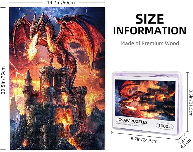 Dragon Puzzle for Adults 1000 Pieces Fantasy Red Dragon Fire Castle Puzzles Colorful and Unique Challenging Puzzle for Game Nights
