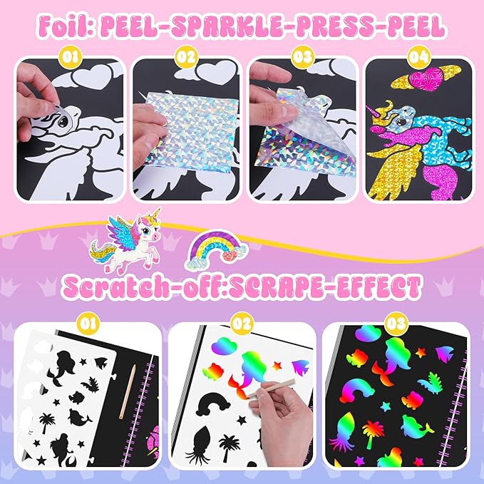 homicozy Art & Craft Activity for Kids: Foil Fun Unicorns and Princess & Scratch Art Book 2-in-1,No Mess Art Crafts for Girls,DIY Creative Activity Kit,Gifts for Girls Ages 4,5,6,7,8,9, Travel Toys