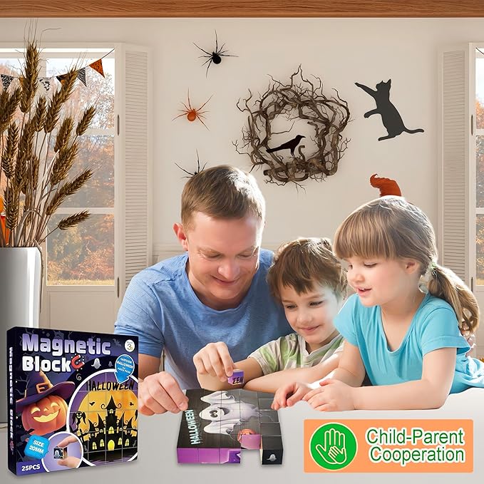 Magnetic Blocks Building Toy,Ritastar 25pcs Mine Stacking Magnet Build Cubes Cartoon Pattern World,STEM Sensory Construction Toys for Kids Gift,Educational Jigsaw Puzzle Set with 3D Halloween Designs