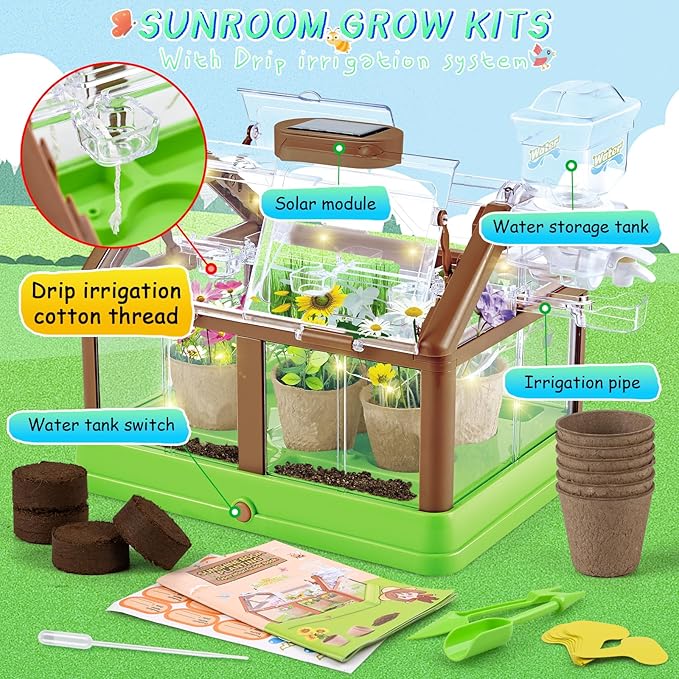 Kids Plant Growing Kit - Kids Greenhouse & Flower Growing Kit with Upgraded Irrigation & Grow Light – Perfect Gardening for Kids（Solar Green）