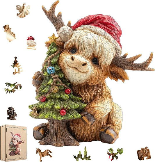 Christmas Wooden Puzzles for Kids & Adults - Tree & Fawn Holiday Jigsaw Puzzle, 201 Pcs, 10.5"×12.2", Fun Family Game for Children’s Party, Winter Gathering, and Festive Entertainment