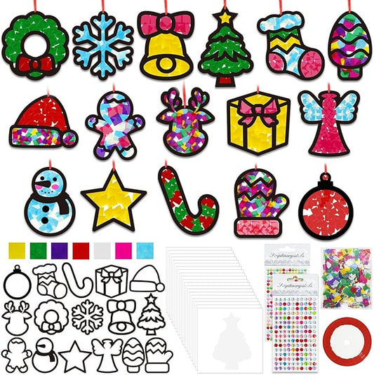 32 Set Christmas DIY Craft Kits，Christmas Tissue Paper Sign Craft Kit Christmas Tree Ornaments Suncatchers Craft Craft for Winter Xmas Classroom School Decorations DIY Art Project Activities