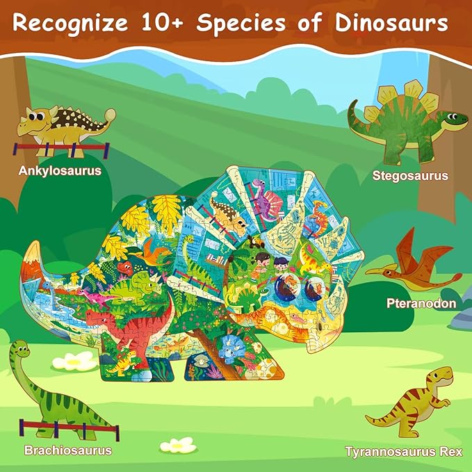 Dinosaur Puzzles for Kids Ages 6-8 200 Piece Triceratops Jigsaw Puzzles Unique Animal Shape Floor Puzzle Ages 8-10 Learning Educational Toys Birthday Gift for Boys Girls Ages 10-12