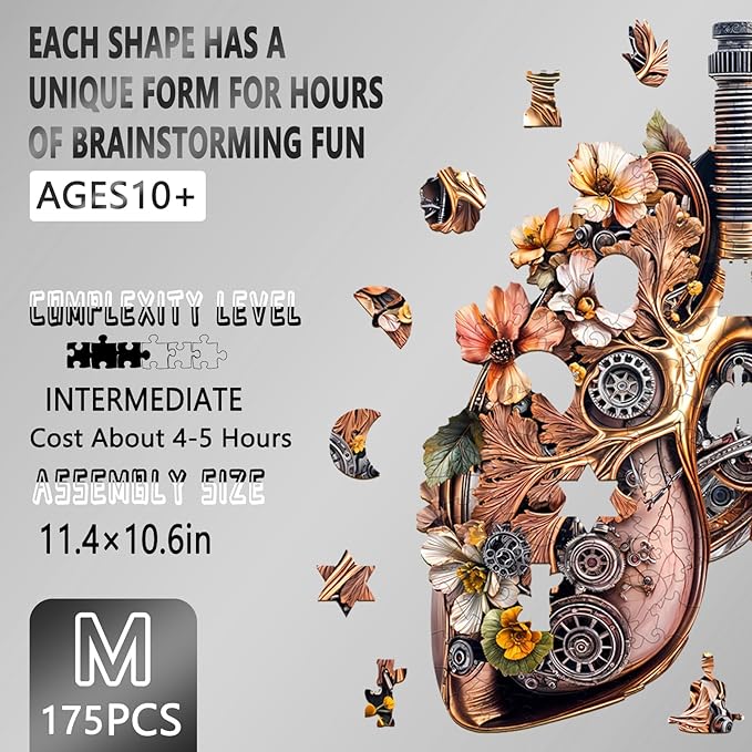 Wooden Puzzles for Adults - Mechanical Lung Puzzle, Unique Shape Wooden Jigsaw Puzzle for Adults, Gifts for Friends and Family, Wood Puzzles Adult, Home Decor (M -11.4 * 10.6in -175 Pieces)