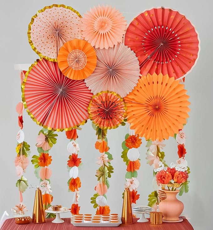 PapaKit Origami Wall Decoration Set (8 Assorted Round Paper Fans) Birthday Party Baby Shower Wedding Events Decor | Creative Art Design Pattern (Bright Orange Bloom with Metallic Gold Accent)