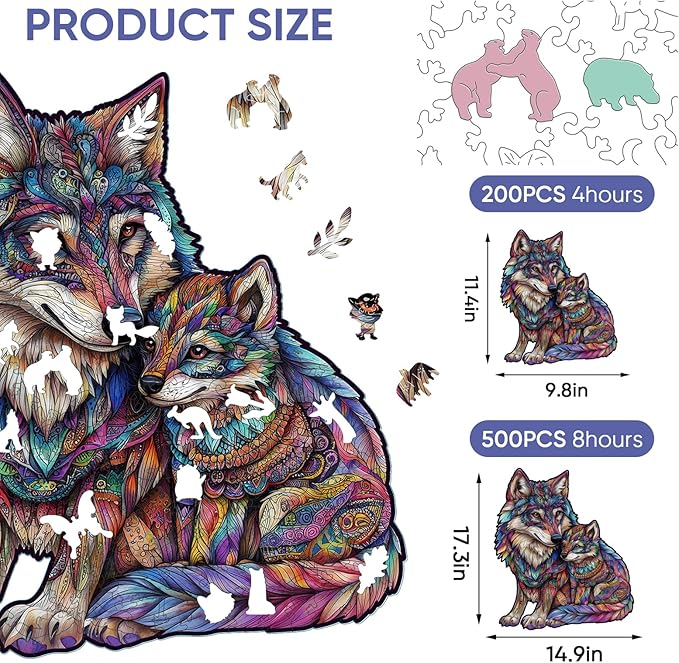 delobil Wooden Puzzles for Adults, Wolf Family Jigsaw Puzzles 200 Pieces, 14.9x9.8in, Unique Shaped Cool Animal Wood Adult Puzzle, Best Gifts for Adults and Kids Family Game