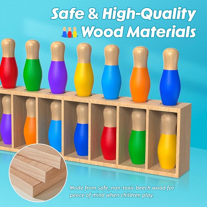 Color Matching Toy Set for Kids, Wooden Bowling Color Matching Game with 7 Bright Pins and Storage Bag, Matching Games for Kids Family Party Birthday Gift, Fun Party Game for Boys Girls