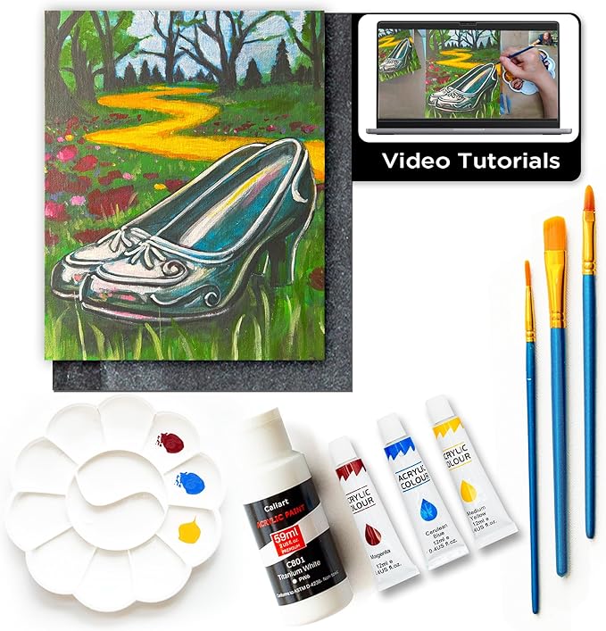 Painting4Real DIY Painting Class Kit for Adults with Video Tutorials: Learn to Paint Wizard of Oz Silver Slippers – How to Paint with Acrylics – Painting & Art Supplies – 9 Piece Acrylic Paint Set