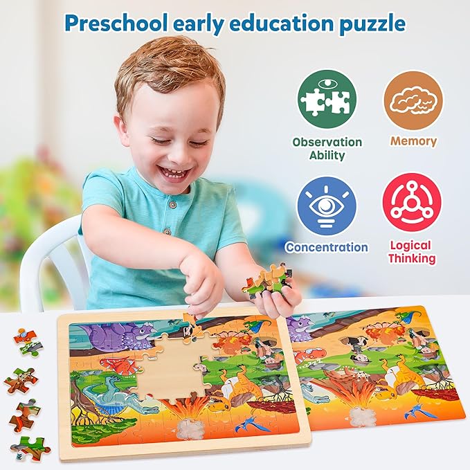 SYNARRY Wooden Dinosaur Puzzles for Kids Ages 4-6, 6 Packs 60 PCs Jigsaw Puzzles Educational Toys Gifts for Children Ages 4-8, Kids Puzzles for 4+ Year Olds Boys Girls