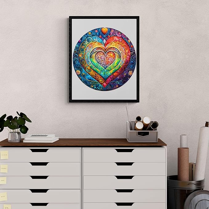 KAAYEE Wooden Puzzles for Adults, 3D Visual Effect Mandala Heart Wooden Jigsaw Puzzle Unique Shape Wood Puzzle Adult, 3D Effect Flat Puzzle Birthday Family Game (M-11.4 * 11.4 in-200pcs)