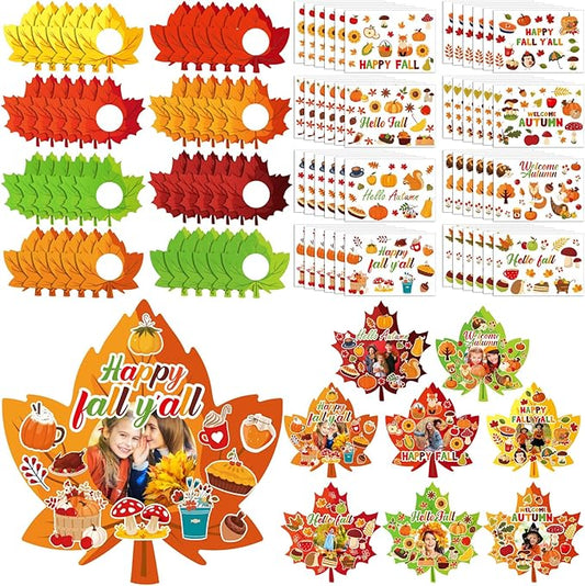 Jetec 48 Packs Fall Picture Frame Craft Kits Maple Leaf Shape DIY Photo Frame with Stickers Make Your Own Picture Craft for Thanksgiving Autumn Home Classroom Decor