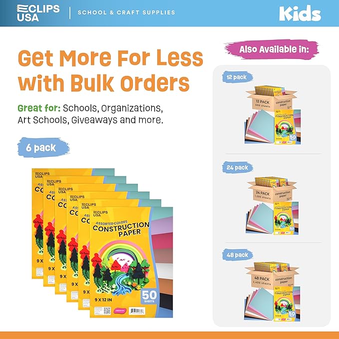 Construction Paper Bulk (300 Sheets), 9 x 12 Construction Paper for Kids, Color Art Paper, Assorted Colors, 50 Sheets Per Pack, (6 Pack)