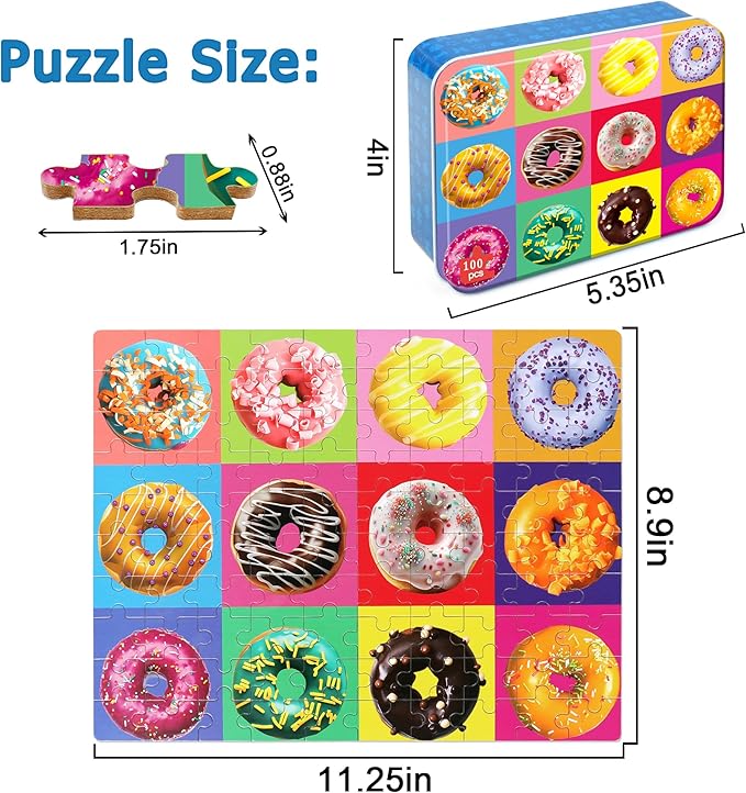 LELEMON Puzzles for Kids Ages 4-6,Donut 100 Piece Puzzles for Kids in a Metal Box, Educational Jigsaw Puzzles 100 Piece Puzzle Games Puzzle Toys for Girls and Boys