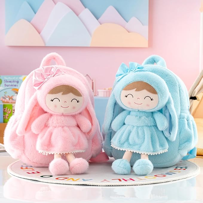 Gloveleya Back to School Gifts for Girls Toddler Backpack Kids Backpack Baby Girl Gift Plush Bag with Pure Blue Rabbit Doll 11 Inches Aged 2+