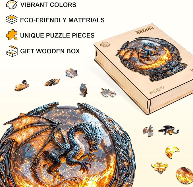 Jigfoxy Wooden Puzzle for Adults, Dragon Jigsaw Puzzles for Adult, Unique Animal Shape Wood Cut Puzzles, Christmas Thanksgiving Gifts for Friends Family (S-8.5 * 7.8in-95pcs)