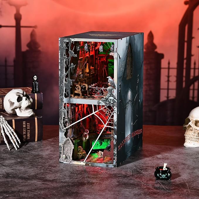 Haunted Mansion Book Nook Kit, Halloween DIY Miniature Dollhouse Kit, Miniature House Kit for Adults and Teens, Horror 3D Wooden Puzzle Bookend Bookshelf Insert Decor with LED Light