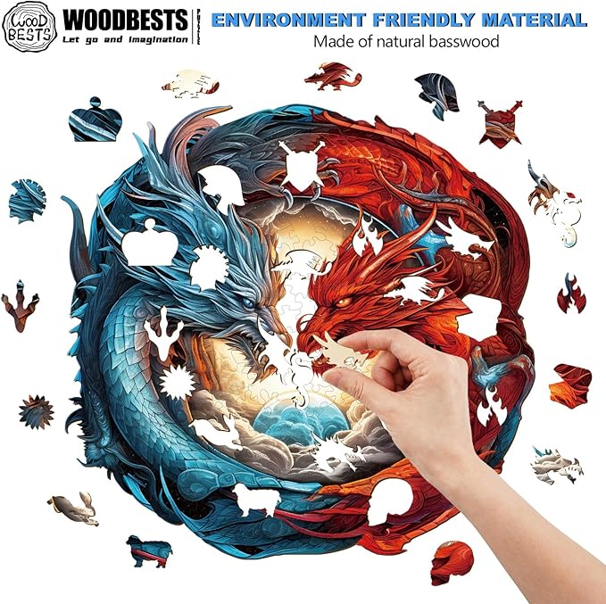 WOODBESTS Wooden Puzzle for Adults, Yin-Yang Dragon Puzzle (M, 200pcs, 11.3"x10.9") Beautiful Wooden Box, Wooden Jigsaw Puzzles Unique Shape, Birthday Gifts for Adults and Kids Family Game