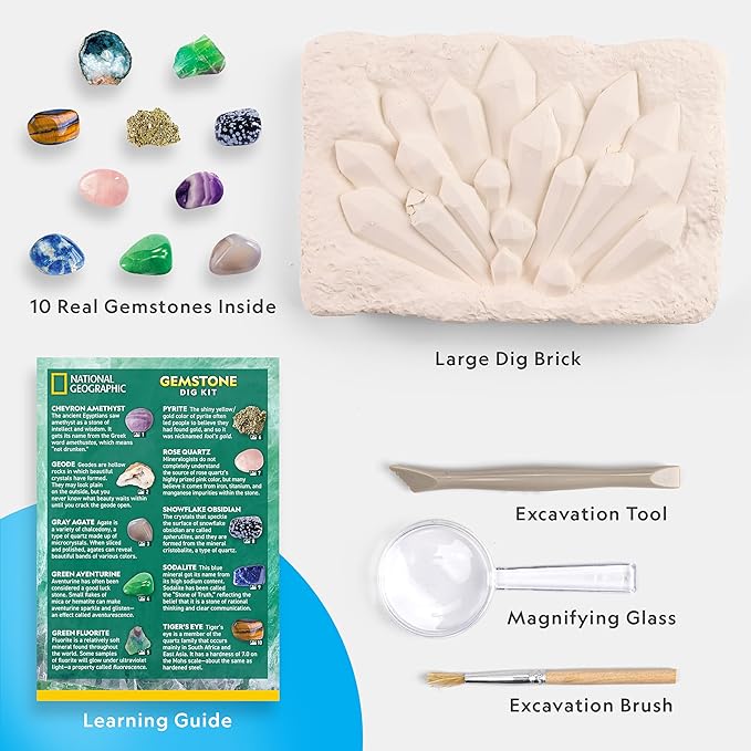 National Geographic Gemstone Dig Kit – Dig Up 10 Real Gemstones and Crystals, Science Kit for Kids, Gem Digging Kit, Gift for Girls and Boys, Mining Kit, Rock Collection