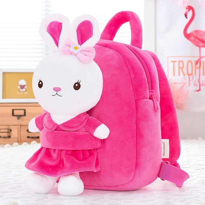 Gloveleya Kids Backpack Girl Backpack Toddler Girl Backpacks with Stuffed Bunny Toy Rose Red 9''