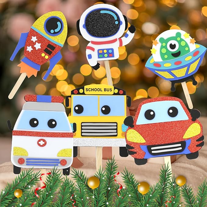 VKPI Make 6 Popstick Puppets Craft Kit for Kids, Foam Art Crafts Gift, Story Time Toys for Ages 4+ Toddler, Cars, Astronaut, Rocket, Spacecraft, Preschool Projects Game Craft, Birthday Party Favor