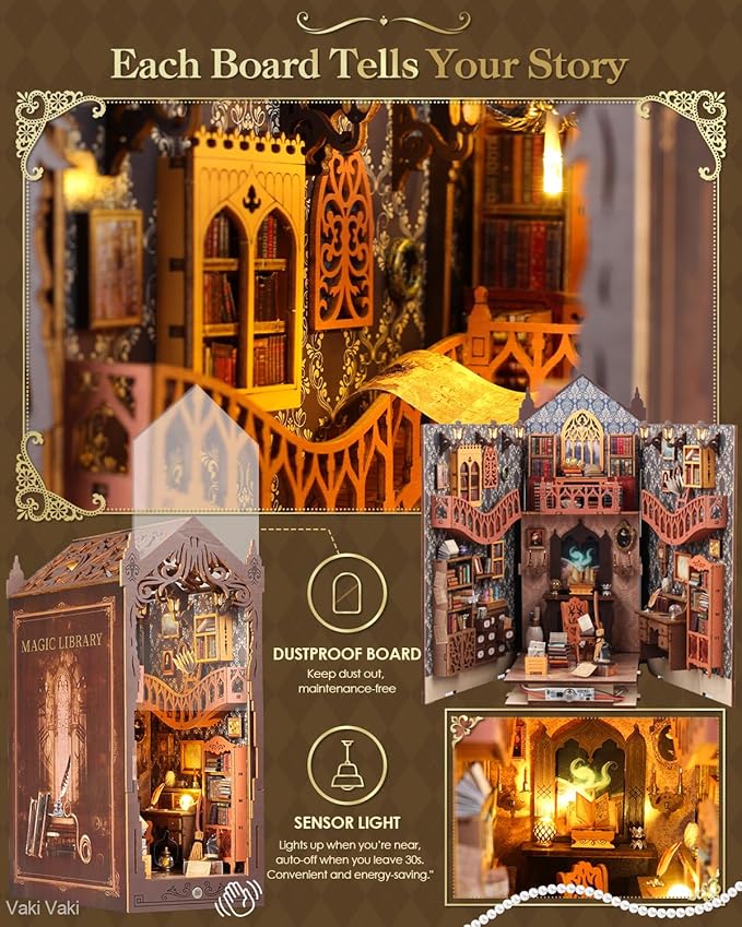 [2025 New] Magic Bookstore Book Nook Kit with Dust Cover & LED Light, DIY Miniature House Kit Toy, 3D Wooden Puzzle Bookshelf Decor Building Kit, Birthday Gifts for Family & Friends