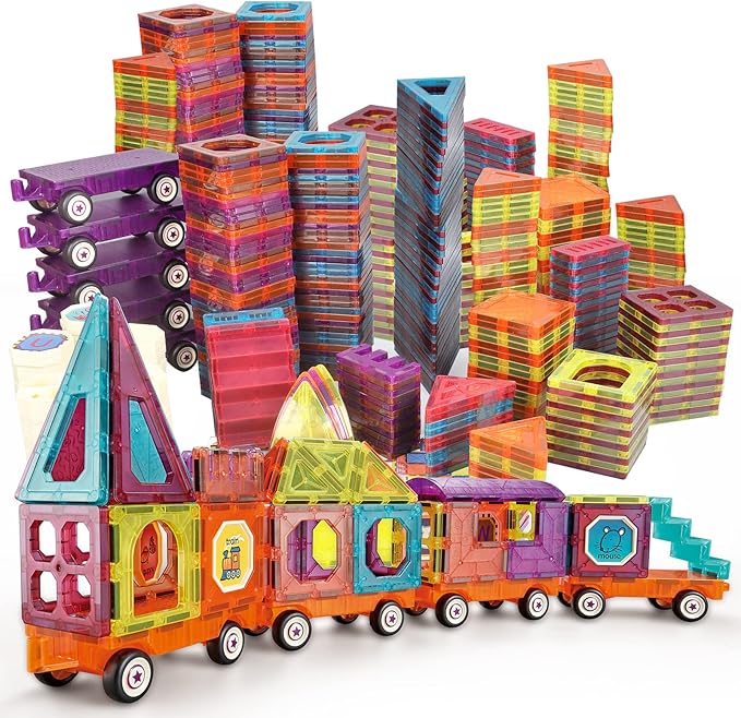 Magnetic Tiles Building Blocks with 4 Cars Magnet Train Set for Kids Construction STEM Toy Preschool Educational Creativity Learning Brithday Gift for Girls Boys Toddlers 3 4 5 6 7 8