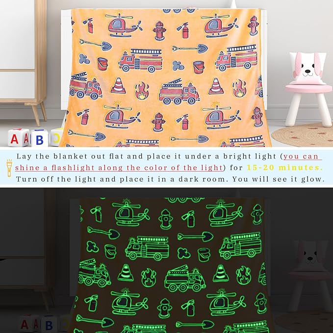 Fire Truck Glow in The Dark Blanket for Toddler Boys Gifts - Construction Firetruck Birthday Gifts for Kids 3-10 Years