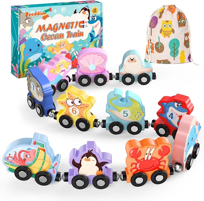 Toys for Toddlers, 11 Magnetic Wooden Sea Animals Train Set, Montessori Toys for Toddlers, Educational Activities for Kids, Birthday Gifts for Boys, Girls