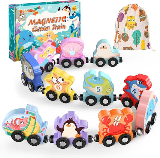 Toys for Toddlers, 11 Magnetic Wooden Sea Animals Train Set, Montessori Toys for Toddlers, Educational Activities for Kids, Birthday Gifts for Boys, Girls