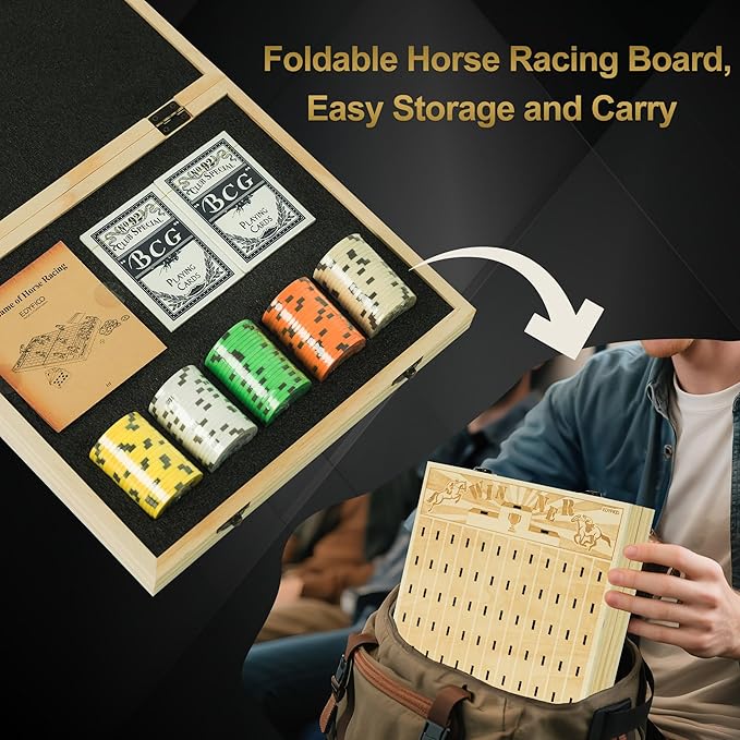 Horse Race Board Game, Foldable Horse Racing Game with 100 Chips, 12 Laser Wooden Horses, 2 D12 & 2 Cards, Thickened Solid Wood Horse Game Set Classic Board Games for Family Nights Party Gifts