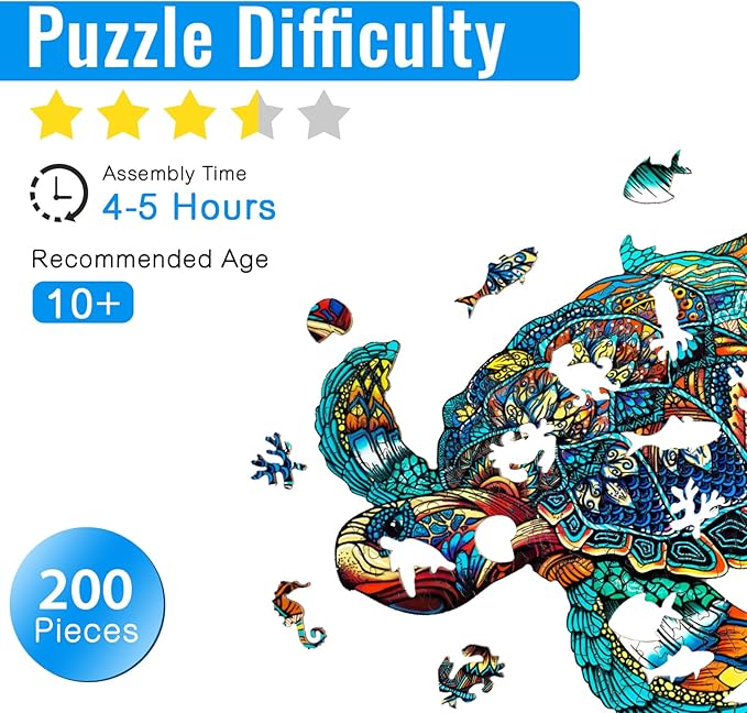 Wooden Puzzles for Adults - 200 Pieces Sea Turtle Wooden Puzzle - Unique Animal Shape Wood Cut Puzzles - Eco-Friendly Home Office Decor (M-11.8 * 10in)