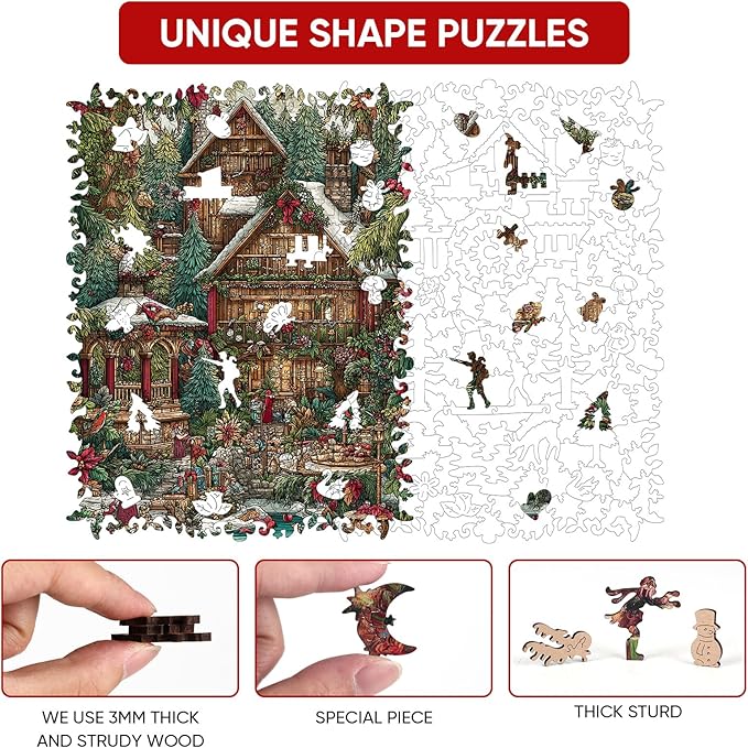 Christmas Forest House Wooden Jigsaw Puzzle for Adults - 200 Pcs, 8.9'' x 11.8'', Educational Wood Puzzle, Family Game, Brain Teaser Gift for Boys & Girls, Beautiful Packaging