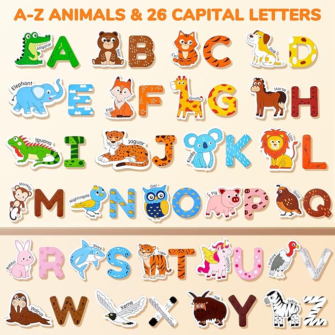 JoyCat Wooden Fridge Magnets for Toddlers – 26 Cute Animals & Uppercase Letters, Large Refrigerator ABC Alphabet Magnets Set for Kids, Preschool Learning Spelling Alphabet Gifts Toy for Ages 2+
