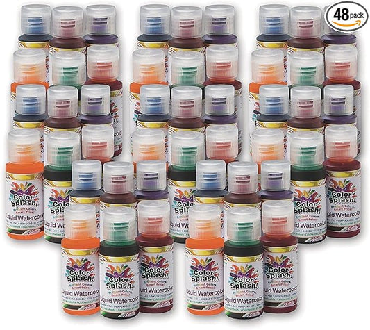 S&S Worldwide Color Splash! Liquid Watercolor Paint, 8 each of 6 Vivid Colors, 1-oz Drip-Dispense Bottles, For All Watercolor Painting, For Groups, Use to Tint Slime, Clay, Glue, Non-Toxic. Pack of 48