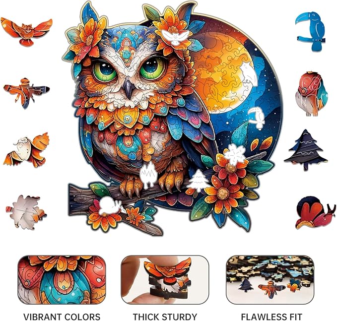 Wooden Puzzles for Adults Owl Jigsaw Puzzles 200 Piece,Thanksgiving Birthday Gifts Family Game,Unique Shape Puzzle Challenge 11 x 11 Inch