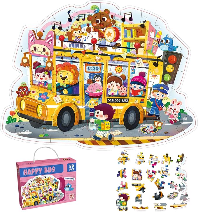 59 Piece School Bus Jigsaw Puzzle for Kids 3+,Perfect for Toddlers, Preschoolers, and Children’s Educational Play | Ideal Gift for Boys and Girls