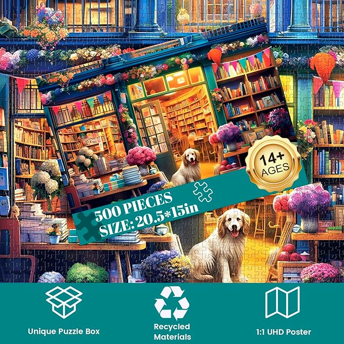 500 Piece Puzzle for Adults-Bookstore Dogs Puzzle | Recycled Cardboar Jigsaw Puzzles 500 Pieces | Challenging Family Activity Great Gift Idea for Family Friends | Difficult Puzzles Size 20.5 x 15 in