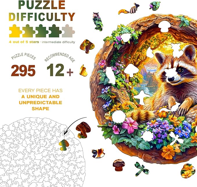 Wooden Puzzles for Adults - Raccoon on Vacation Wooden Jigsaw Puzzle - Unique Animal Shaped Wood Puzzles Adult - Christmas Birthday Gifts for Adults/Friends/Family - 295pcs 13.4 * 13.3in